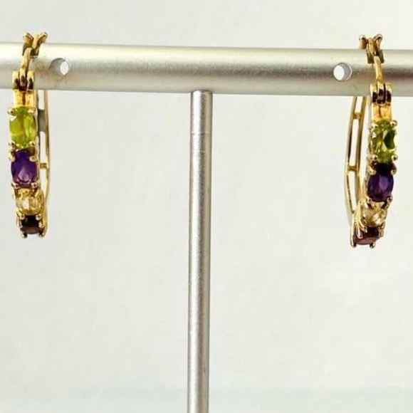Jewelry - Elegant Mixed Gems Gold over Sterling Hoop Earrings [Never Worn]